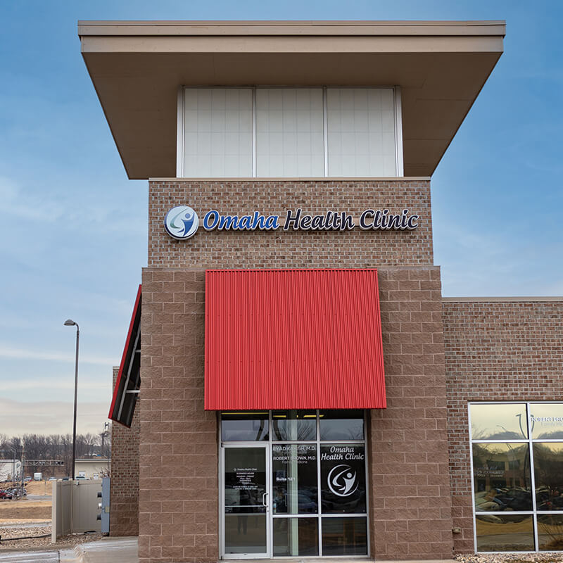 The Omaha Health Clinic building entrance. 